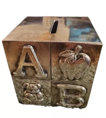 VTG Coin Bank Baby Metal ABC’s 123’s Building Block Cube Silver Plated 3  • $13.93