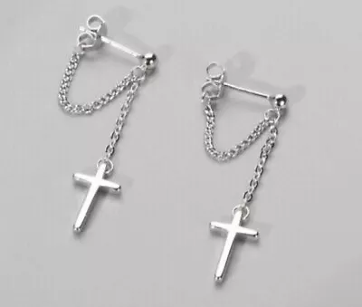 Beautiful Cross Dangle Chain Earrings 925 Sterling Silver Women's Girls Jewelry • £3.45