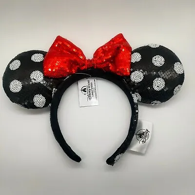 Disney Parks Minnie Mouse Sequined Black White Polka Dot Red Bow Ears Headband • $2.50