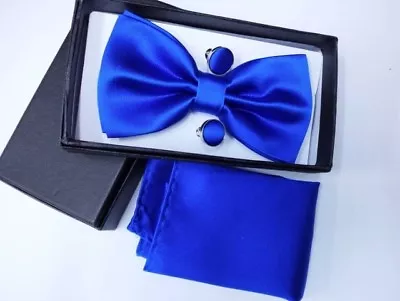 Bow Tie Satin/Silk Men Plain Pre-Tied Cufflinks Pocket Square Handkerchief 3pcs • $6.83