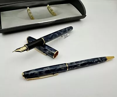 VTG Parker Sonnet Indigo Marble Fountain Pen 18K Gold Nib & Ballpoint Pen - Set • $249