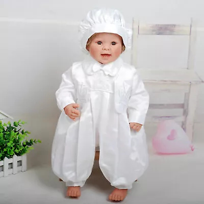 £25.99 • Buy Baby Boys White Satin Christening Gown Three Piece Set 0 3 6 9 12 Months