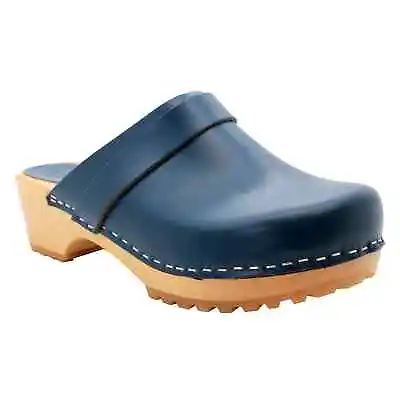 BJORK KLÄGN Tuva Wood Open Back Grip Cobalt Veg Tan Leather Clogs • $84.95