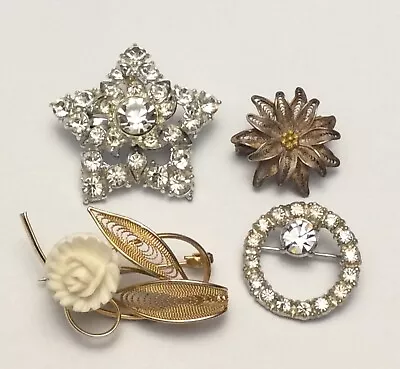 Vintage Lot Of 4 Brooches Rhinestones Resin And Silver • $10