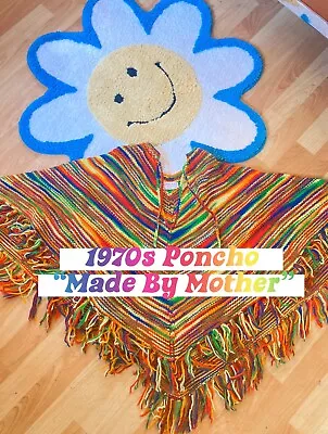 1970s Handmade Rainbow Wool Poncho Made By Mother  • $65