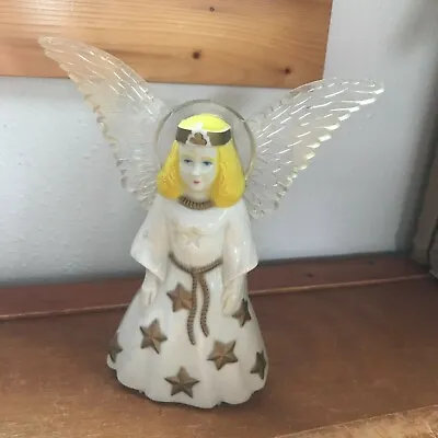 Vintage White W Gold Stars Blond-Haired ANGEL W Clear Wings Plastic Christmas  • $14.07