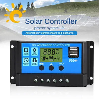 10A 20A 30A Solar Panel Battery Charge Controller 12V/24V LCD Regulator Dual USB • £7.99