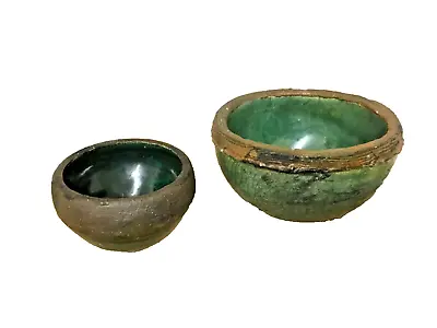 2 Small Mid Century Green Raku Glazed Bowls Unsigned Scandinavian • £30