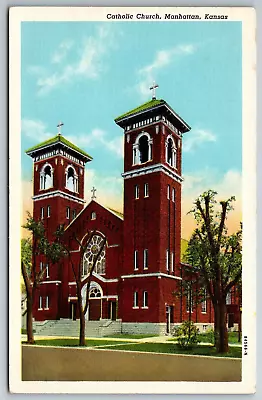 Catholic Church Manhattan Kansas Exterior View Curteich Postcard • $3.99