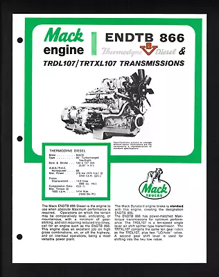 Mack Trucks Endtb 866 V8 Diesel Engine 4 Page Specifications Brochure [278 Kw] • $17.66