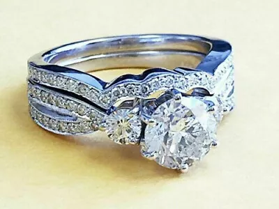 7mm White Round Moissanite Diamond Bridal Set Engagement 14K White Gold Ring • $247.41