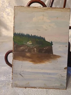 Vintage Oil On Board- Maine Seascape Coastline Cottage On The Cliffs  4X6  In. • $69