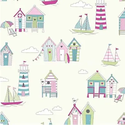 Happy Days Candy 100% Cotton Lifestyle Fabric; Beach Huts Lighthouses Seaside • £4.25