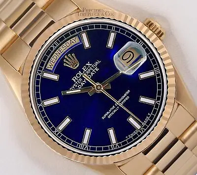 Rolex Men Day-Date 18038 Presidential 18k Gold 36mm Watch-Blue Stick Marker Dial • $17382.65