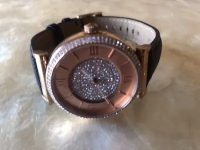 Michael Kors Caitlin MK2376 Rose Tone Bling Dial Black Leather Strap Watch • $89.99