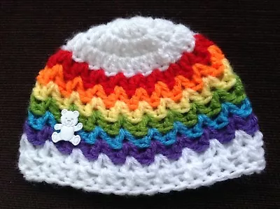 Baby Beanie Hat Handmade Crochet Baby Shower Rainbow Teddy Newborn Preemie 0-6 • £3.50