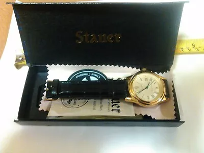 Unworn Stauer Metropolitan 17961 Black Leather & Gold Date Watch With Tags Book • £71.25