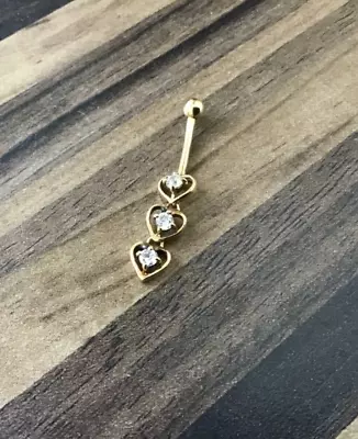 9ct Yellow Gold Body Belly Bar Jewellery Triple Heart White Stone Ball Fastener • £39.99