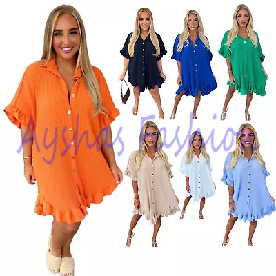 Womens Shirt Dress Pleated Short Sleeve Loose Italian Buttons Plain Detail Dress • $31.57