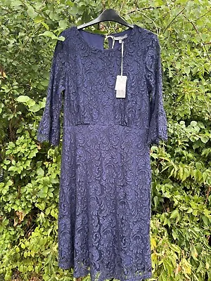 Laura Ashley Navy Blue Lace Kate Middleton Classic Wedding Party Dress UK 12 • £79