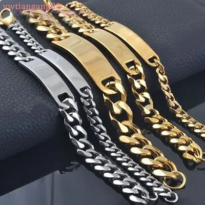8/10/15mm Silver/Gold 316L Stainless Steel Curb ID Chain Bracelet Mens Jewelry • $9.49