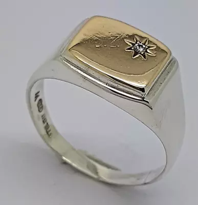 Gents Signet Ring Size V Diamond 9ct Yellow Gold & 925 Sterling Silver Vintage • $145