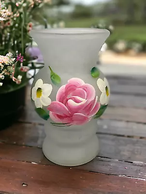 Mini Vase Frosted Glass Hand Painted Flowers Rose Floral Vintage 3.75  • $16.99