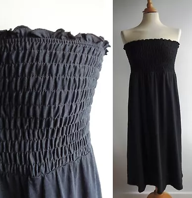 MARKS AND SPENCER Black Cotton Strapless Shirred Sun Dress Size 18 • £14.99