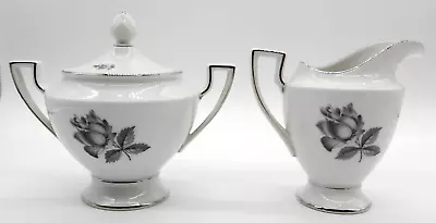 Vita Craft Midnight Rose Creamer & Sugar Bowl Gray Rose Pattern Platinum Trim • $15.99