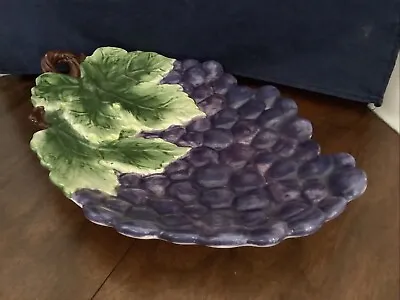 Vintage Oval Ceramic Serving Platter Grape Leaves 3D 12x8” Dish Bowl Plate F2 • $14.95