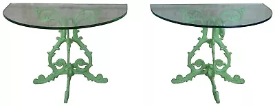 2 Vintage Boho Chic French Demilune Cast Iron & Glass Side Entry Console Tables  • $1700