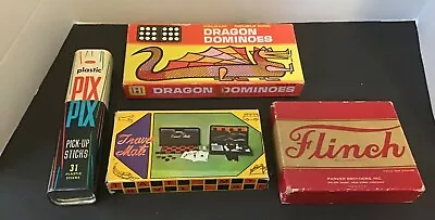 Vintage 4 GAME Sets Mixed LOT Dominoes Pick Up Sticks Flinch Magnetic Travel  • $29.99