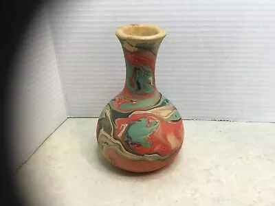 Vintage Nemadji #119 Native Clay Pottery Vase Red Turquoise & Black Swirl 6.25” • $20