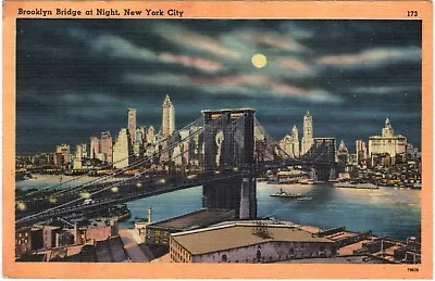 Postcard - Brooklyn Bridge At Night New York City NY - Posted In 1958 (G10) • $4.49