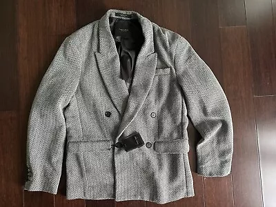 NWT ZARA MAN Gray Herringbone Tweed Double Breasted Jacket Blazer Sport Coat M • $75