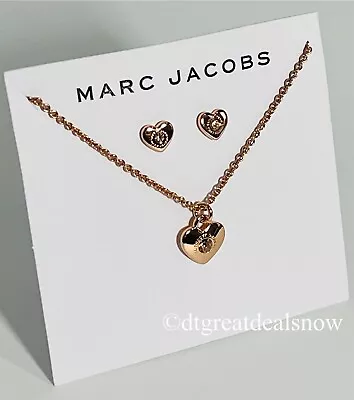 Marc Jacobs Heart Stud Earrings Necklace With Pendent Set Rose Gold Tone Crystal • $58.97