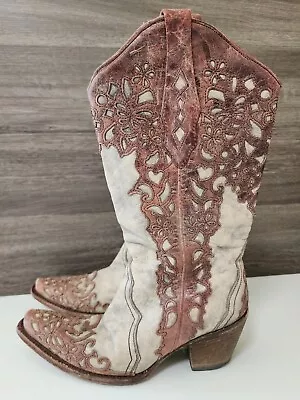 Corral Tall Top Boots Womens Size 8 Grey Tan Floral Overlay Cowgirl Rodeo Westen • $91.99