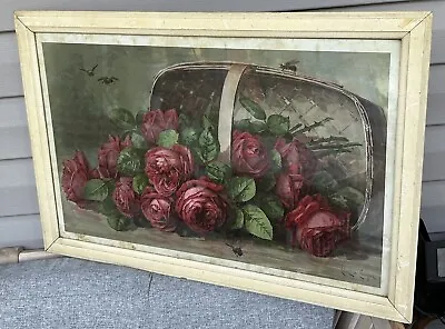 Antique Victorian Paul De Longpre A Basket Of Beauties Red Roses Chromo Print  • $399.99