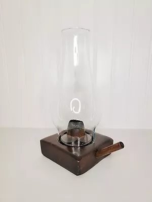 Vtg Primitive Square Wood Candle Holder Clear Glass Hurricane Chimney Peg Handle • $24