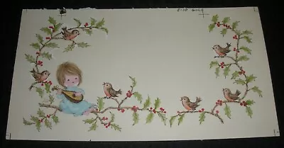 CHRISTMAS Cute Girl W/ Mandolin & Birds Border 11x6  Greeting Card Art #E-10 • $20.25