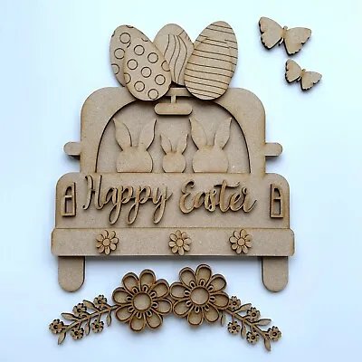 MDF Laser Cut Wooden Easter Decoration Craft Kit Easter Truck With Eggs • £8.95
