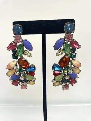 RARE J Crew Runway 3” Glass VTG Rainbow Rhinestone Pierced Earrings Jenna Lyons • $70