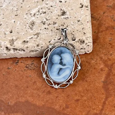 14KT White Gold Mother & Baby Blue Framed Diamond Cameo Oval Pendant 32mm • $399.99