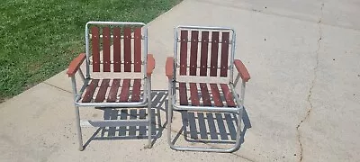 Set Of 2 Red Wood Aluminum Folding Pool Lawn Chair Vintage Mid Century Modern De • $125