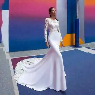 Mermaid Wedding Dress Scoop Neck Backless Long Sleeves Lace Applique Bridal Gown • $138.40