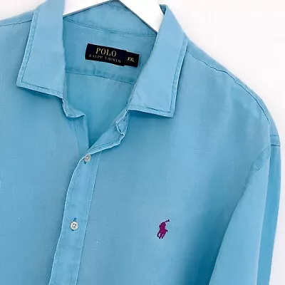 Mens Genuine Polo Ralph Lauren Blue 100% Linen Long Sleeve Shirt Size 2XL XXL • £35