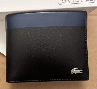 Lacoste Men's Fitzgerald Bi Fold Colorblock Leather Wallet - Black & Blue • $40.20