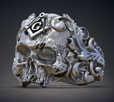 Unique Masonic Skull Head Mens Biker Ring 925 Sterling Silver Engagement Ring • $182.48