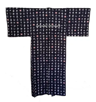 Japanese Yukata Kimono Sash Belt Robe Men 59  Cotton Navy Poem Made In Japan • $74.95