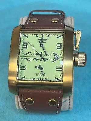 Night Vision 32 DEGREES Dual-Time Auto 21J Brown Leather Band Men's Watch • $229.99